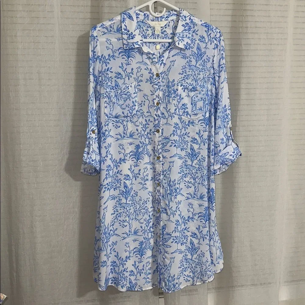 Lilly Pulitzer Natalie Resort White Blue Button Front Tab Sleeve Cover Up